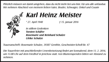 Traueranzeige von Karl Heinz Meister  von Magdeburger Volksstimme