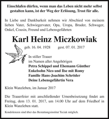 Traueranzeige von Karl Heinz Miczkowiak  von Magdeburger Volksstimme