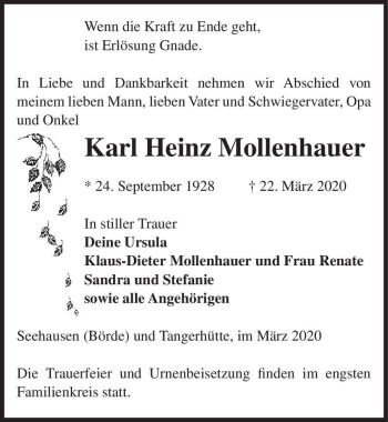 Traueranzeige von Karl Heinz Mollenhauer  von Magdeburger Volksstimme