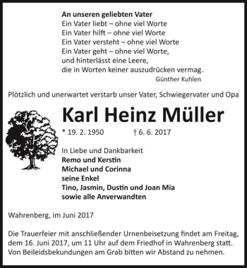 Traueranzeige von Karl Heinz Müller  von Magdeburger Volksstimme