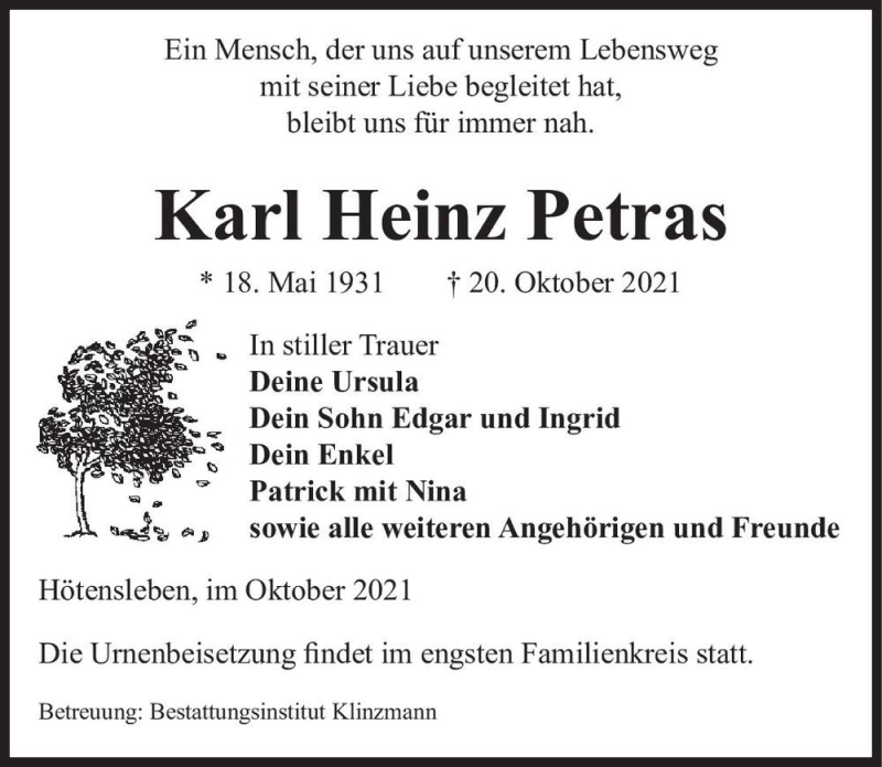  Traueranzeige für Karl Heinz Petras  vom 28.10.2021 aus Magdeburger Volksstimme