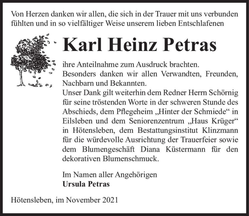  Traueranzeige für Karl Heinz Petras  vom 20.11.2021 aus Magdeburger Volksstimme