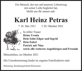 Traueranzeige von Karl Heinz Petras  von Magdeburger Volksstimme