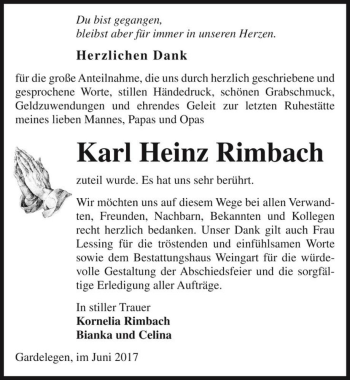 Traueranzeige von Karl Heinz Rimbach  von Magdeburger Volksstimme