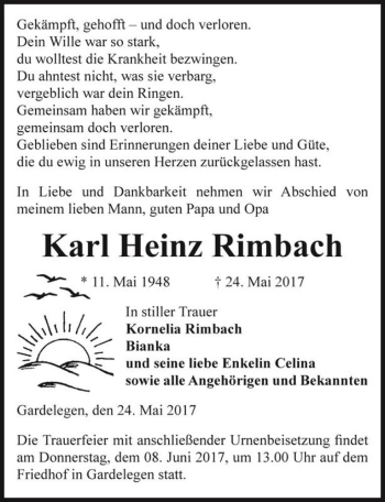 Traueranzeige von Karl Heinz Rimbach  von Magdeburger Volksstimme