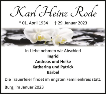 Traueranzeige von Karl Heinz Rode  von Magdeburger Volksstimme