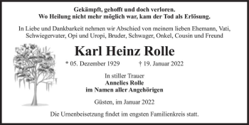 Traueranzeige von Karl Heinz Rolle  von Magdeburger Volksstimme