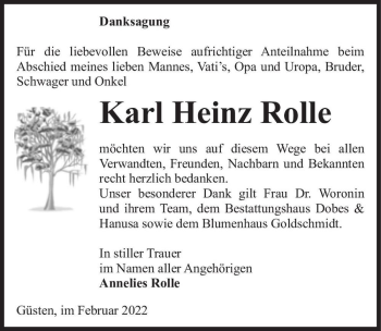 Traueranzeige von Karl Heinz Rolle  von Magdeburger Volksstimme