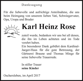 Traueranzeige von Karl Heinz Rose  von Magdeburger Volksstimme