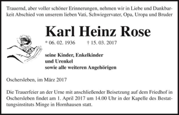 Traueranzeige von Karl Heinz Rose  von Magdeburger Volksstimme