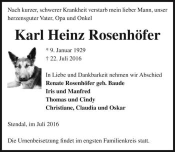 Traueranzeige von Karl Heinz Rosenhöfer  von Magdeburger Volksstimme