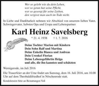 Traueranzeige von Karl Heinz Savelsberg  von Magdeburger Volksstimme