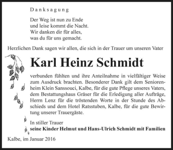 Traueranzeige von Karl Heinz Schmidt  von Magdeburger Volksstimme