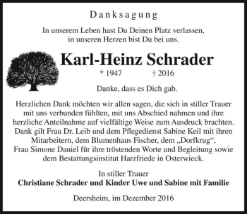 Traueranzeige von Karl Heinz Schrader  von Magdeburger Volksstimme