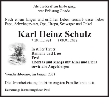 Traueranzeige von Karl Heinz Schulz  von Magdeburger Volksstimme