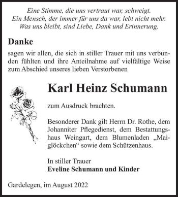Traueranzeige von Karl Heinz Schumann  von Magdeburger Volksstimme