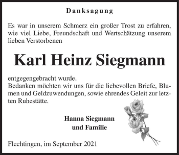 Traueranzeige von Karl Heinz Siegmann  von Magdeburger Volksstimme
