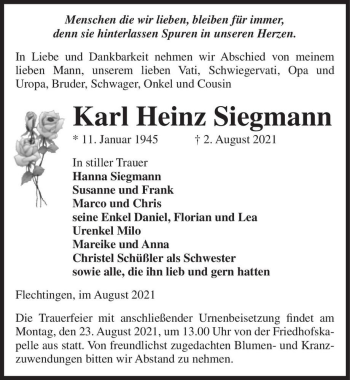Traueranzeige von Karl Heinz Siegmann  von Magdeburger Volksstimme