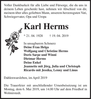 Traueranzeige von Karl Herms  von Magdeburger Volksstimme