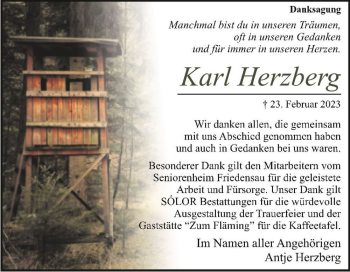 Traueranzeige von Karl Herzberg  von Magdeburger Volksstimme