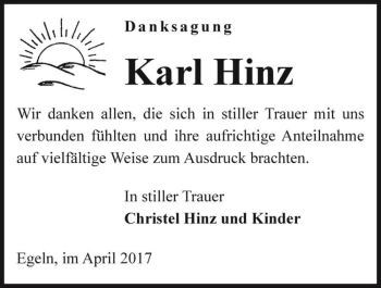 Traueranzeige von Karl Hinz  von Magdeburger Volksstimme