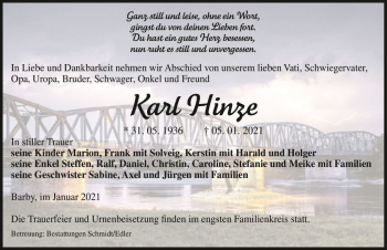 Traueranzeige von Karl Hinze  von Magdeburger Volksstimme
