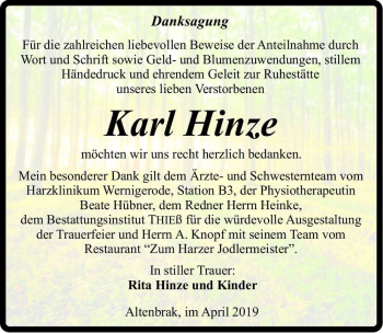 Traueranzeige von Karl Hinze  von Magdeburger Volksstimme