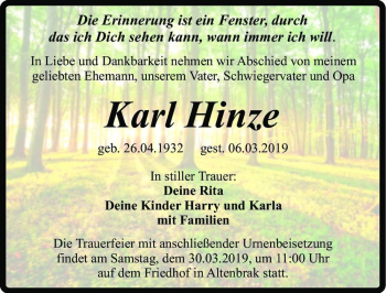 Traueranzeige von Karl Hinze  von Magdeburger Volksstimme