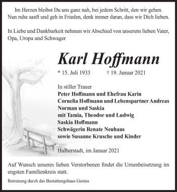 Traueranzeige von Karl Hoffmann  von Magdeburger Volksstimme