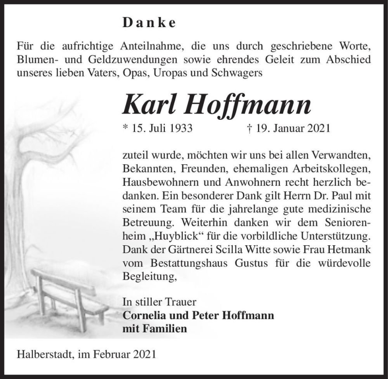  Traueranzeige für Karl Hoffmann  vom 13.02.2021 aus Magdeburger Volksstimme