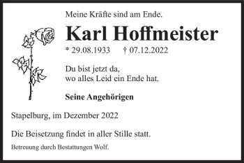 Traueranzeige von Karl Hoffmeister  von Magdeburger Volksstimme