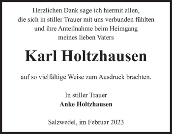 Traueranzeige von Karl Holtzhausen  von Magdeburger Volksstimme