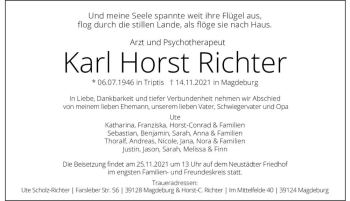 Traueranzeige von Karl Horst Richter  von Magdeburger Volksstimme