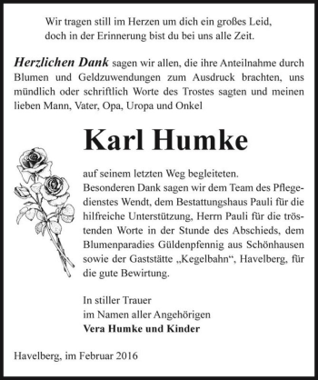 Traueranzeige von Karl Humke  von Magdeburger Volksstimme