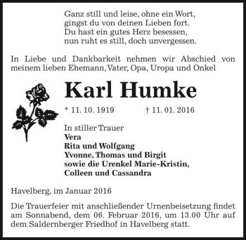 Traueranzeige von Karl Humke  von Magdeburger Volksstimme