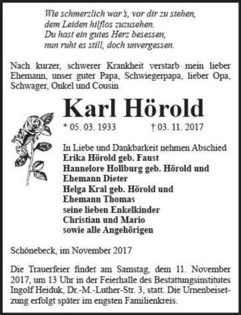 Traueranzeige von Karl Hörold  von Magdeburger Volksstimme