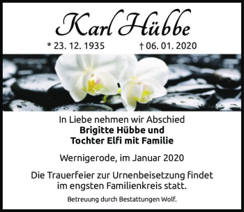 Traueranzeige von Karl Hübbe  von Magdeburger Volksstimme