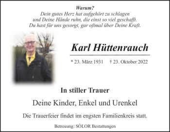 Traueranzeige von Karl Hüttenrauch  von Magdeburger Volksstimme