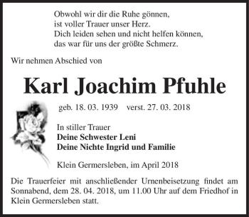 Traueranzeige von Karl Joachim Pfuhle  von Magdeburger Volksstimme