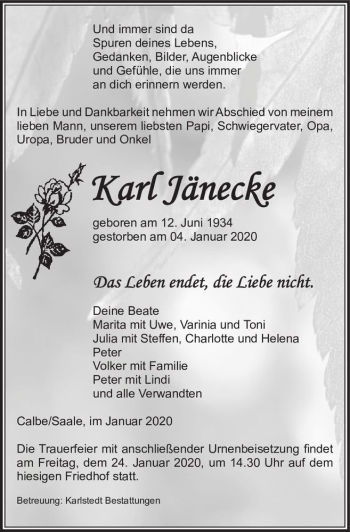Traueranzeige von Karl Jänecke  von Magdeburger Volksstimme