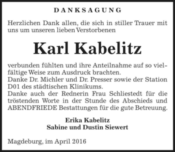 Traueranzeige von Karl Kabelitz  von Magdeburger Volksstimme