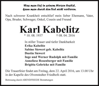 Traueranzeige von Karl Kabelitz  von Magdeburger Volksstimme