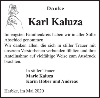 Traueranzeige von Karl Kaluza  von Magdeburger Volksstimme