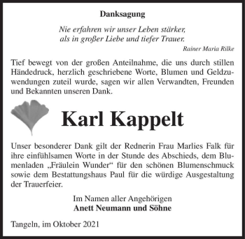 Traueranzeige von Karl Kappelt  von Magdeburger Volksstimme