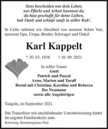 Traueranzeige von Karl Kappelt  von Magdeburger Volksstimme