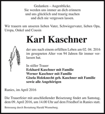 Traueranzeige von Karl Kaschner  von Magdeburger Volksstimme