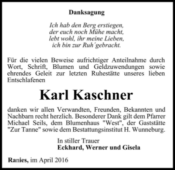 Traueranzeige von Karl Kaschner  von Magdeburger Volksstimme