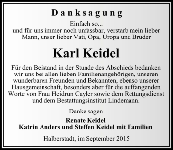 Traueranzeige von Karl Keidel  von Magdeburger Volksstimme