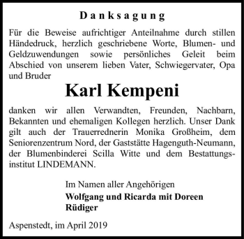 Traueranzeige von Karl Kempeni  von Magdeburger Volksstimme