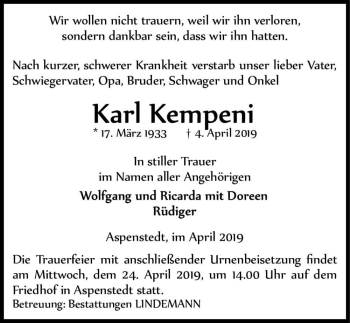 Traueranzeige von Karl Kempeni  von Magdeburger Volksstimme